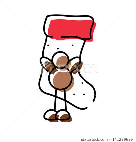 Gingerbread man standing in front of christmas stocking 141229689