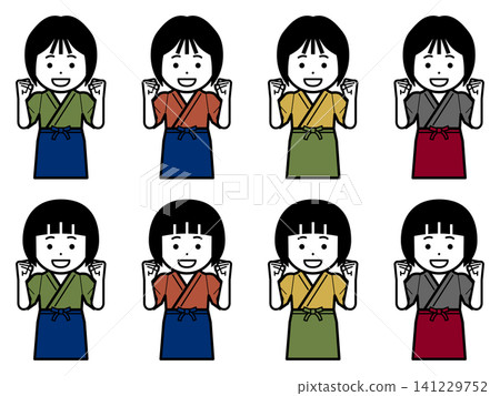 [Alternate color] Icon of a woman in a samue (traditional Japanese work clothes) and apron making a victory pose. 141229752