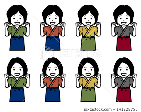 【不同髮型】【不同顏色】穿著日本傳統工作服(samue)和圍裙的女性圖標,擺出勝利姿勢 【不同髮型】【不同顏色】穿著日本傳統工作服(samue)和圍裙的女性圖標,擺出勝利姿勢 141229753
