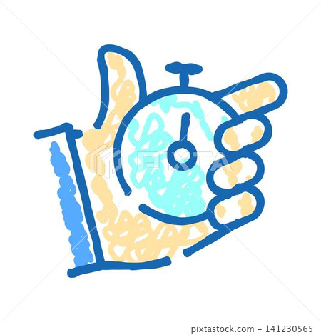 Hand holding stopwatch measuring time doodle icon Hand holding stopwatch measuring time doodle icon 141230565