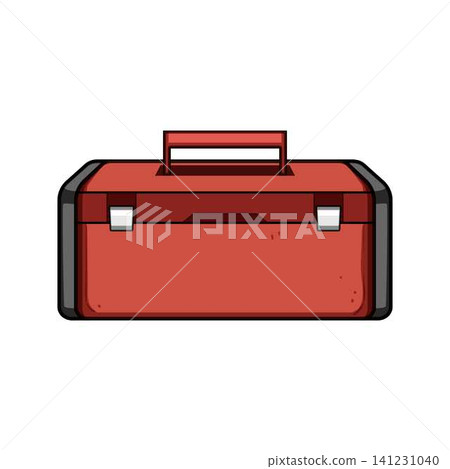 Red plastic toolbox holding building and repair tools Red plastic toolbox holding building and repair tools 141231040