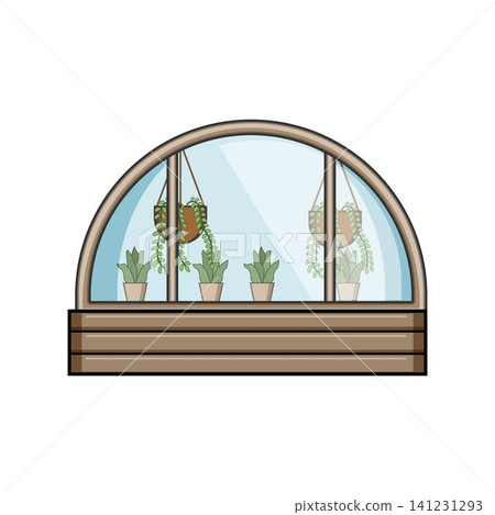 Greenhouse window with potted plants receiving sun Greenhouse window with potted plants receiving sun 141231293