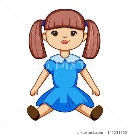 Cartoon girl doll character sitting and smiling Cartoon girl doll character sitting and smiling 141231860