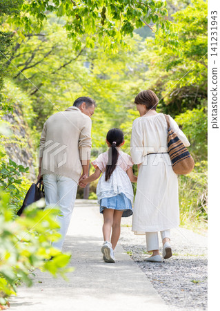 A three-generation family of a senior couple and their granddaughter enjoying a trip. A three-generation family of a senior couple and their granddaughter enjoying a trip. 141231943