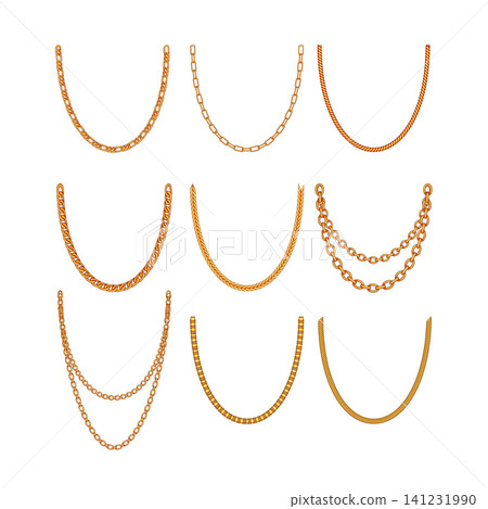 Golden chains collection illustrating various necklace designs 141231990