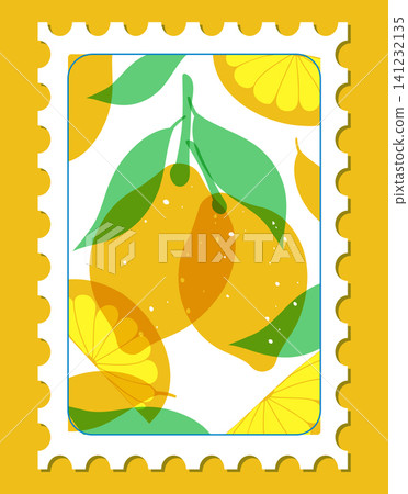 Vintage Risograph Style Postage Stamp Illustration of Fresh Lemons Vintage Risograph Style Postage Stamp Illustration of Fresh Lemons 141232135