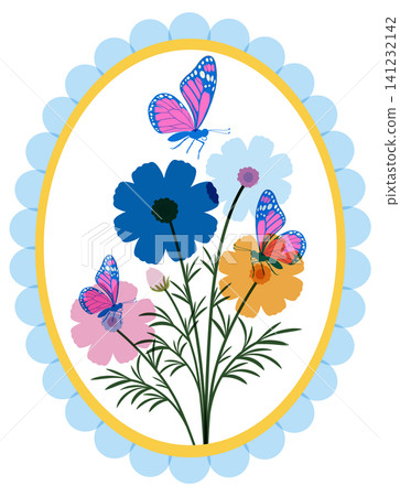 Risograph Style Vector Illustration of Cosmos Flowers and Pink Butterflies Risograph Style Vector Illustration of Cosmos Flowers and Pink Butterflies 141232142
