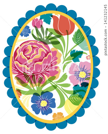 Vintage Risograph Floral Bouquet Illustration in Scalloped Oval Frame Vintage Risograph Floral Bouquet Illustration in Scalloped Oval Frame 141232145