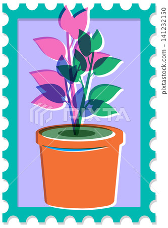 Retro Risograph Style Potted Monstera Plant on Postage Stamp Illustration 141232150