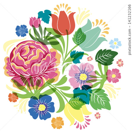 Scandinavian Style Risograph Floral Bouquet Vector Illustration with Vibrant Overlapping Colors Scandinavian Style Risograph Floral Bouquet Vector Illustration with Vibrant Overlapping Colors 141232166