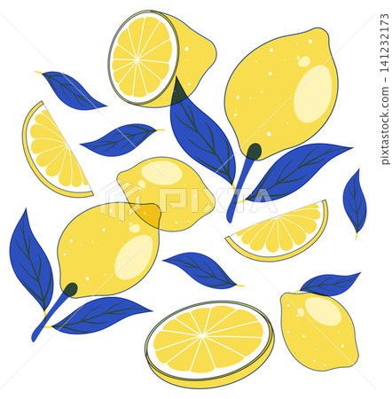 Risograph Style Vector Illustration of Lemons and Blue Leaves Risograph Style Vector Illustration of Lemons and Blue Leaves 141232173