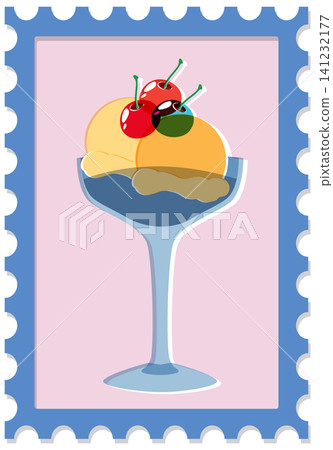 Retro Risograph Style Ice Cream Sundae with Cherries on Postage Stamp Retro Risograph Style Ice Cream Sundae with Cherries on Postage Stamp 141232177