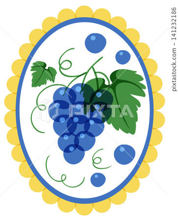 Risograph Style Vector Illustration of Blue Grapes in Scalloped Oval Frame Risograph Style Vector Illustration of Blue Grapes in Scalloped Oval Frame 141232186