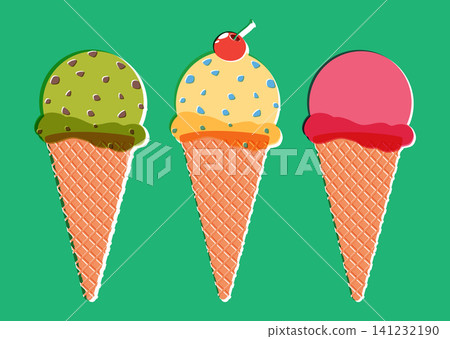 Retro Risograph Style Vector Illustration of Three Assorted Ice Cream Cones Retro Risograph Style Vector Illustration of Three Assorted Ice Cream Cones 141232190