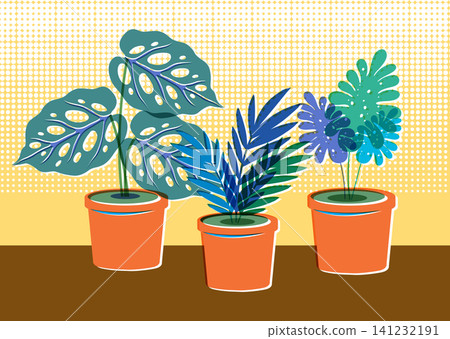 Retro Risograph Vector Illustration of Potted Monstera and Tropical Houseplants Retro Risograph Vector Illustration of Potted Monstera and Tropical Houseplants 141232191