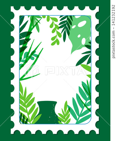Risograph Style Postage Stamp Illustration with Tropical Green Monstera Foliage Risograph Style Postage Stamp Illustration with Tropical Green Monstera Foliage 141232192