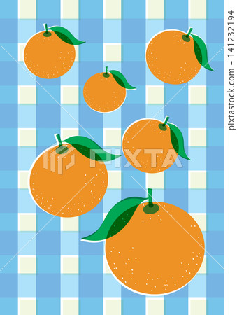 Retro Risograph Vector Illustration of Oranges on Blue Checkered Background Retro Risograph Vector Illustration of Oranges on Blue Checkered Background 141232194