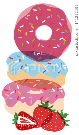 Stack of Glazed Doughnuts with Sprinkles and Fresh Strawberries Stack of Glazed Doughnuts with Sprinkles and Fresh Strawberries 141232195