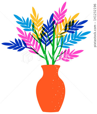 Risograph Illustration of Colorful Botanical Leaves in an Orange Vase Risograph Illustration of Colorful Botanical Leaves in an Orange Vase 141232196