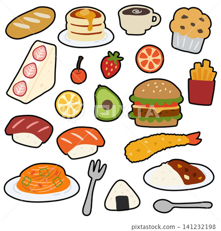 A set of vector illustrations of food in the style of stickers and decals. 141232198