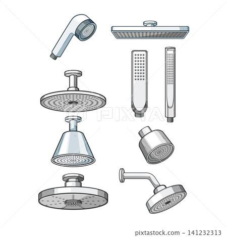 Diverse collection of modern shower heads and plumbing fixtures Diverse collection of modern shower heads and plumbing fixtures 141232313