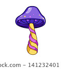 Psychedelic mushroom with colorful cap and twisted stem 141232401
