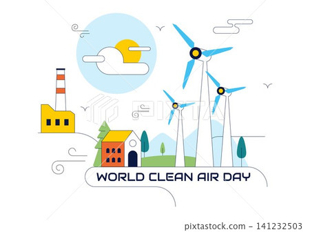 World Clean Air Day Illustration Featuring Renewable Energy, Wind Turbines, Solar Power, Sustainable City, Green Environment, and Eco Friendly Living World Clean Air Day Illustration Featuring Renewable Energy, Wind Turbines, Solar Power, Sustainable City, Green Environment, and Eco Friendly Living 141232503