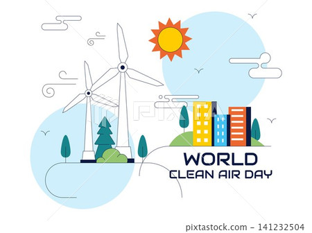 World Clean Air Day Illustration Featuring Renewable Energy, Wind Turbines, Solar Power, Sustainable City, Green Environment, and Eco Friendly Living World Clean Air Day Illustration Featuring Renewable Energy, Wind Turbines, Solar Power, Sustainable City, Green Environment, and Eco Friendly Living 141232504