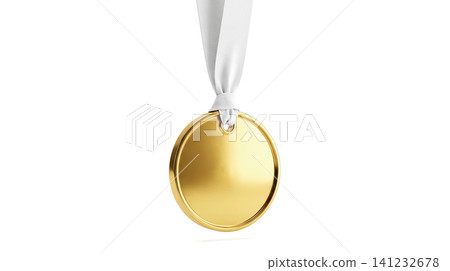 Blank gold medal hanging on white ribbon isolated over white background conceptualizing first place winner champion achievement sports competition success reward victory prize template Blank gold medal hanging on white ribbon isolated over white background conceptualizing first place winner champion achievement sports competition success reward victory prize template 141232678
