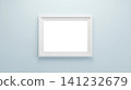 Blank white horizontal picture frame hanging on light blue wall conceptualizing minimalist interior gallery art exhibition modern design empty mockup copy space template 141232679