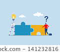 Businessman with robot new joiner to connect jigsaw puzzle,New joiner to fill in team and solve problem, put right man in the right job to fit job 141232816