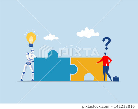 Businessman with robot new joiner to connect jigsaw puzzle,New joiner to fill in team and solve problem, put right man in the right job to fit job Businessman with robot new joiner to connect jigsaw puzzle,New joiner to fill in team and solve problem, put right man in the right job to fit job 141232816