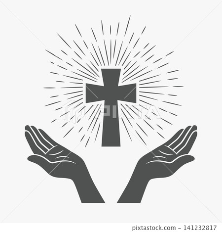 Black and White Open Hands Silhouette with Cross and Rays, Vector Illustration. Symbol of Faith and Prayer. Design Template for Church Logo. Prayer, Religion Concept. Monochrome Cut Out Icon Black and White Open Hands Silhouette with Cross and Rays, Vector Illustration. Symbol of Faith and Prayer. Design Template for Church Logo. Prayer, Religion Concept. Monochrome Cut Out Icon 141232817