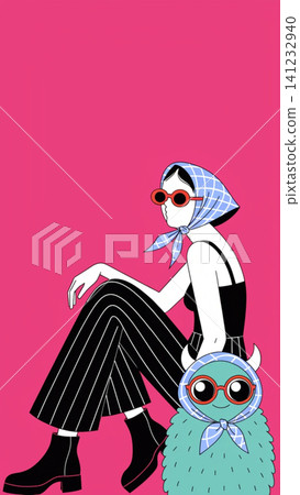 Chic woman and the world's most adorable fluffy monster vector background Chic woman and the world's most adorable fluffy monster vector background 141232940