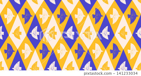 Chalk bird seamless pattern with blue and white silhouettes on gold and blue harlequin argyle. Stylized kids birds form a vector print for fabric and textile. Geometric forms with sketch for wallpaper Chalk bird seamless pattern with blue and white silhouettes on gold and blue harlequin argyle. Stylized kids birds form a vector print for fabric and textile. Geometric forms with sketch for wallpaper 141233034
