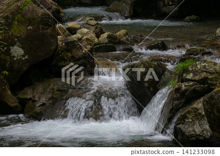 A summer stream washes over moss-covered rocks. A summer stream washes over moss-covered rocks. 141233098