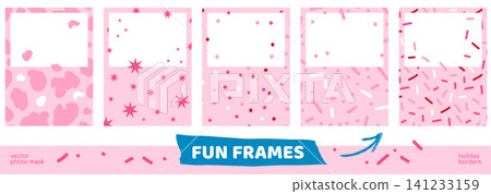 Cute confetti frame cutout with whimsical coquette border for photo. Girly pink pattern of polka dot, star and cow spot sprinkles. Vector cutout set with confetti frames assets for birthday scrapbook Cute confetti frame cutout with whimsical coquette border for photo. Girly pink pattern of polka dot, star and cow spot sprinkles. Vector cutout set with confetti frames assets for birthday scrapbook 141233159
