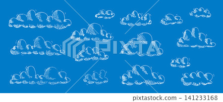 Hand-drawn white childish fluffy clouds sketch with chalk lines and hatching. Windy sky white pen drawing. Vector illustration perfect for design nature-themed graphics. Cloudy sky set Hand-drawn white childish fluffy clouds sketch with chalk lines and hatching. Windy sky white pen drawing. Vector illustration perfect for design nature-themed graphics. Cloudy sky set 141233168