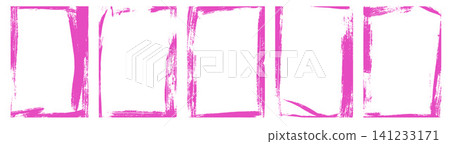 Expressive grunge frames painted with rough brush strokes and spray texture. Pink photo border and torn paper edge effect for poster mockup. Vector grunge frame set in vivid magenta on white Expressive grunge frames painted with rough brush strokes and spray texture. Pink photo border and torn paper edge effect for poster mockup. Vector grunge frame set in vivid magenta on white 141233171