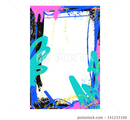 Chaotic collage frame with painted borders edge and bold splash spots. Green, pink and blue graffiti collage on black borders with grunge paper texture and decor. Vector photo frame for scrapbook Chaotic collage frame with painted borders edge and bold splash spots. Green, pink and blue graffiti collage on black borders with grunge paper texture and decor. Vector photo frame for scrapbook 141233198