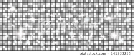 Disco ball with glint and spark on silver sequin glam mosaic for grey night party poster. White pattern texture grid, glass tile, disco ball shine. Vector wall template in luxury Christmas bg 141233235