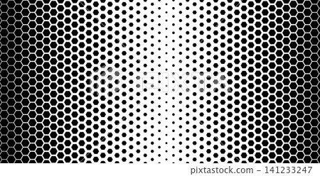 Hexagon fiber halftone with carbon texture and gradient for tech print. Black honeycomb gradation fades from dense nano mesh to tiny dots. Abstract fiber vector hexagon pattern for futuristic bg 141233247