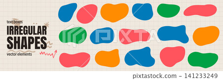 Asymmetric squishy organic blob with irregular wavy edge for kindergarten and kid school tag. Abstract splodge shape on soft beige grid paper. Vector set of playful asymmetric simple shapes isolated 141233249