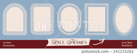 Vintage lace frames with figure border and rectangle doily pattern. Charming arch, oval and ellipse shape in cream crochet for text box. Vector lace frame set with ornate eyelet detail on pastel blue Vintage lace frames with figure border and rectangle doily pattern. Charming arch, oval and ellipse shape in cream crochet for text box. Vector lace frame set with ornate eyelet detail on pastel blue 141233262