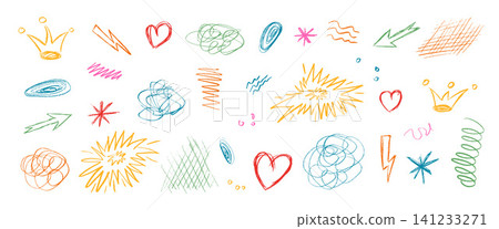 Messy crayon scribbles. Hand-drawn crown, lightning scratches, squiggles and abstract doodle highlights. Arrow naive decoration set. Vector kids irregular oval, crosshatching elements isolated no bg Messy crayon scribbles. Hand-drawn crown, lightning scratches, squiggles and abstract doodle highlights. Arrow naive decoration set. Vector kids irregular oval, crosshatching elements isolated no bg 141233271
