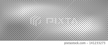 Polished metal sheet with micro perforated holes and dot pattern. Light silver texture on realistic steel background with glow. Industrial vector mesh wall design of perforated gray metal Polished metal sheet with micro perforated holes and dot pattern. Light silver texture on realistic steel background with glow. Industrial vector mesh wall design of perforated gray metal 141233273