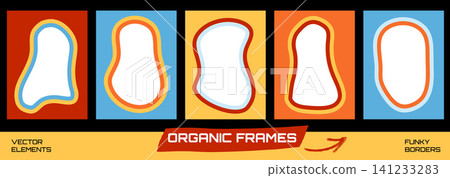 Promo organic frame with double wavy border for sale badge and flyer. Bold colorful outlined blob shapes on red blue and yellow. Vector promo frame set with retro y2k groovy for label, text boxes Promo organic frame with double wavy border for sale badge and flyer. Bold colorful outlined blob shapes on red blue and yellow. Vector promo frame set with retro y2k groovy for label, text boxes 141233283