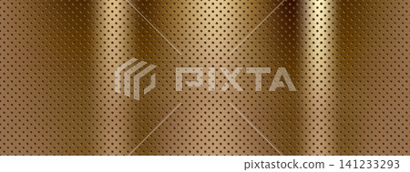 Gold metal texture with brown perforation and vertical shine. Brass plate pattern in dark golden tone for luxury background. Vector graphic of perforated brown metal foil with mirror light Gold metal texture with brown perforation and vertical shine. Brass plate pattern in dark golden tone for luxury background. Vector graphic of perforated brown metal foil with mirror light 141233293