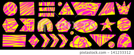 Hand drawn cutout shape with geometric paper figure and trendy neon. Yellow fuchsia collage rectangle elements with scribble pattern on black. Vector arch, crown et for rave poster and acid journal 141233312