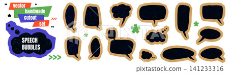 Scrapbook paper speech bubble stickers set with crayon texture for kid scrapbook. Doodle dialogue boxes with torn notebook shapes. Beige craft vector speech bubble icons for school sticker and promo Scrapbook paper speech bubble stickers set with crayon texture for kid scrapbook. Doodle dialogue boxes with torn notebook shapes. Beige craft vector speech bubble icons for school sticker and promo 141233316